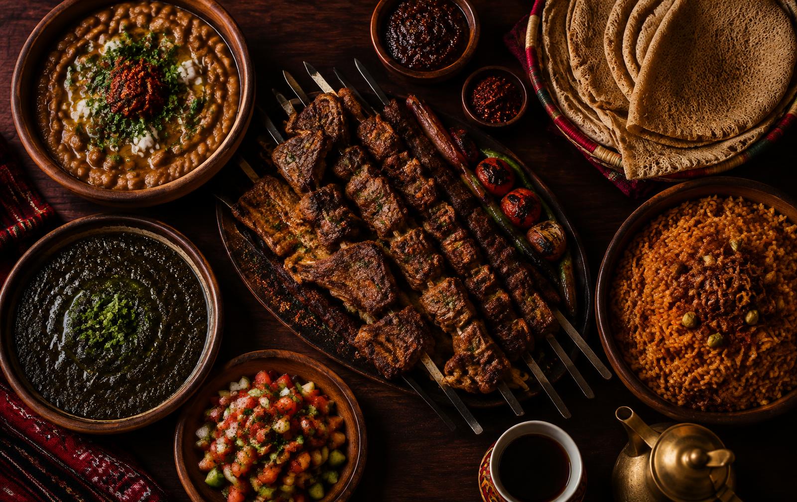 A table of grilled skewers, ful, rice and flatbread